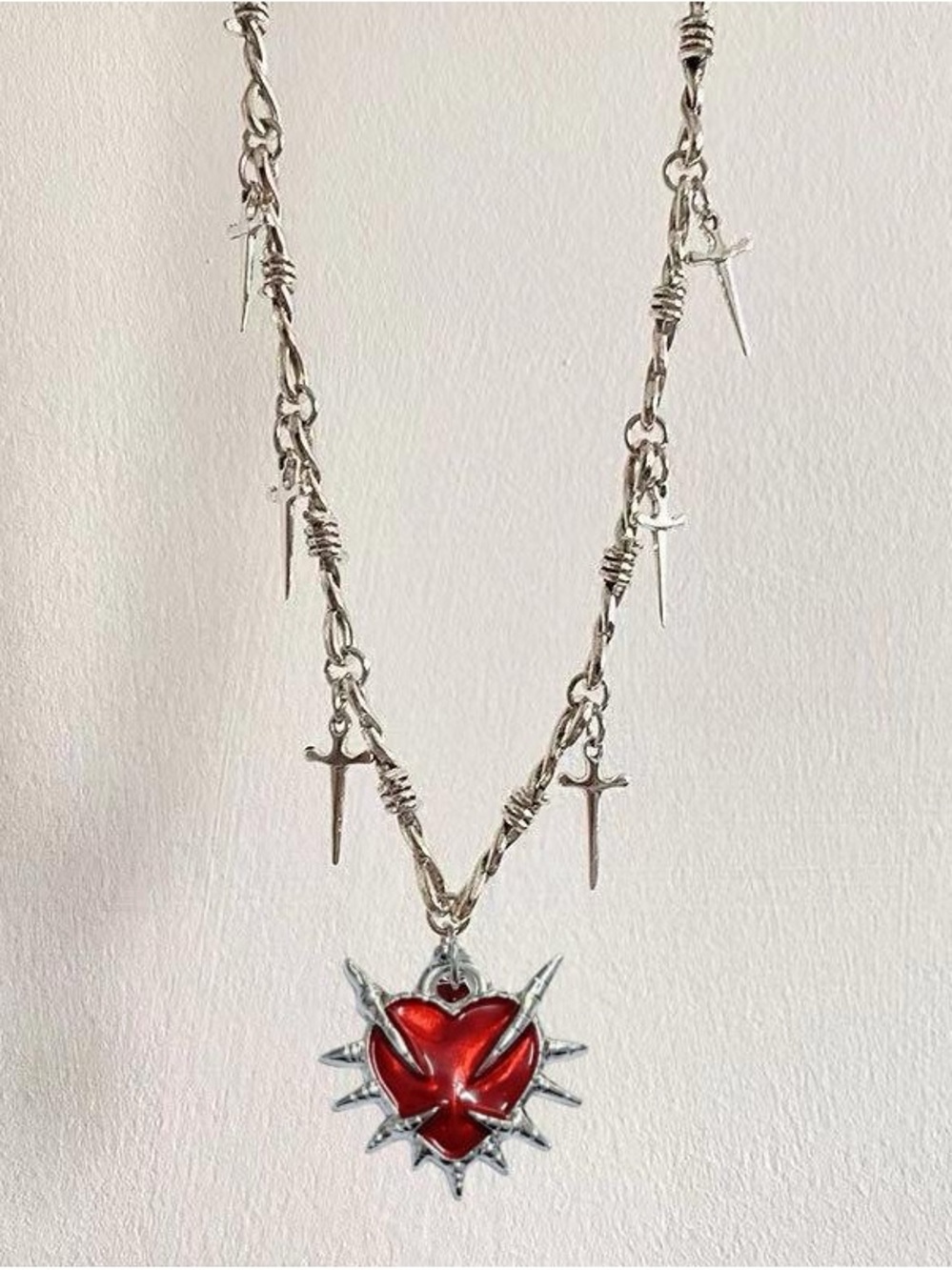 Anthropologie Silver-tone Spike Chain Necklace with Red Enamel Heart Pendant